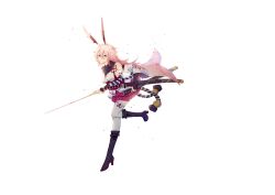 Rule 34 | 1girl, absurdres, animal ears, bare shoulders, boots, breasts, detached sleeves, fox ears, fox mask, full body, highres, holding, holding sword, holding weapon, honkai (series), honkai impact 3rd, japanese clothes, jinyunrex, katana, kimono, long hair, looking at viewer, mask, medium breasts, nontraditional miko, petals, pink hair, pink skirt, purple footwear, ribbon-trimmed sleeves, ribbon-trimmed thighhighs, ribbon trim, sheath, sheathed, short kimono, simple background, skirt, solo, sword, thighhighs, weapon, white background, white kimono, white sleeves, white thighhighs, yae sakura, yae sakura (gyakushinn miko)