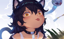 Rule 34 | animal ears, bad id, bad pixiv id, black hair, blurry, cat ears, collar, commentary request, depth of field, graphite (medium), hair between eyes, highres, original, portrait, short hair, solo, sparrow (xici9527), tongue, tongue out, traditional media, yellow eyes