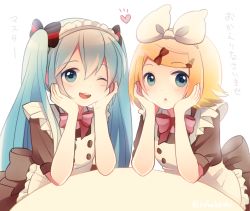 Rule 34 | 2girls, aqua hair, blonde hair, bow, bowtie, head rest, hair ornament, hairclip, hatsune miku, kagamine rin, long hair, looking at viewer, maid, maid headdress, multiple girls, nokuhashi, one eye closed, open mouth, twintails, vocaloid, white background