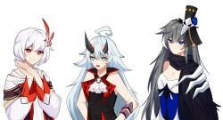 Rule 34 | 3girls, 3o c, ahoge, asymmetrical horns, bare shoulders, black cape, black dress, black hair, black scarf, blood embrace, blue dress, blue eyes, cape, chinese clothes, closed mouth, dress, hair ornament, hanfu, hat, highres, honkai (series), honkai impact 3rd, horns, jingwei&#039;s wings, long hair, long sleeves, looking at viewer, multiple girls, open mouth, red eyes, scarf, selune&#039;s elegy, short hair, simple background, smile, top hat, upper body, very long hair, white background, white hair