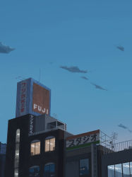 Rule 34 | blue sky, building, city, cityscape, cloud, evening, fence, highres, no humans, okayuu, original, outdoors, scenery, sky, window