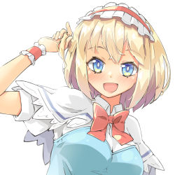 Rule 34 | 1girl, adjusting hair, alice margatroid, arnest, blonde hair, blue dress, blue eyes, blush, bow, bowtie, breasts, capelet, collared shirt, dress, frills, hairband, lolita hairband, looking at viewer, open mouth, puffy short sleeves, puffy sleeves, red bow, sash, shirt, short hair, short sleeves, smile, touhou, white background, white capelet, white shirt, wristband