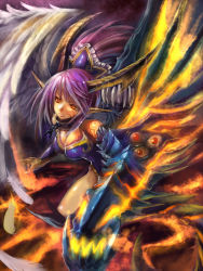 Rule 34 | breasts, edobox, feathers, horns, large breasts, original, pointy ears, ponytail, purple hair, solo, wings
