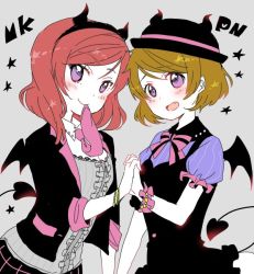 Rule 34 | 10s, 2girls, bow, bowtie, bracelet, center frills, demon horns, demon tail, demon wings, fang, frills, grey background, hairband, hat, holding hands, horns, interlocked fingers, izumi kirifu, jacket, jewelry, koizumi hanayo, looking at viewer, love live!, love live! school idol festival, love live! school idol project, mouth hold, multiple girls, necktie, nishikino maki, open mouth, puffy short sleeves, puffy sleeves, purple eyes, red hair, scrunchie, short hair, short sleeves, simple background, sleeves rolled up, star (symbol), striped bow, striped bowtie, striped clothes, striped neckwear, tail, upper body, wings, wrist scrunchie