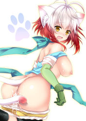 Rule 34 | 1girl, animal ears, animal hands, antenna hair, ass, bad id, bad pixiv id, blush, breasts, cat ears, cat paws, cat tail, cum, cum on body, cum on breasts, cum on upper body, cumdrip, elbow gloves, fang, gloves, green gloves, highres, large breasts, multicolored hair, nipples, ootani mikoto, open mouth, pascal (tales), paw print, red hair, scarf, short hair, simple background, solo, tail, tales of (series), tales of graces, tears, two-tone hair, white background, white hair, yellow eyes