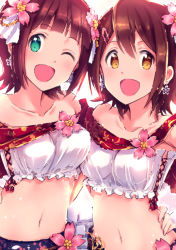 Rule 34 | 10s, 2girls, :d, ;d, amami haruka, armpits, asymmetrical docking, bad id, bad pixiv id, bandeau, bare shoulders, belt, blunt bangs, blush, breast press, breasts, brown hair, collarbone, covered erect nipples, earrings, flower, flower earrings, green eyes, hair flower, hair ornament, hairclip, hand on another&#039;s back, head tilt, idolmaster, idolmaster (classic), idolmaster million live!, ima (lm ew), jewelry, kasuga mirai, medium breasts, multiple girls, one eye closed, open mouth, pink flower, short hair, simple background, small breasts, smile, strapless, tareme, tube top, upper body, white background, yellow eyes