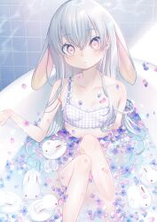 Rule 34 | 1girl, absurdres, animal ears, bath, bathing, bathtub, blush, bra, breasts, dancho (dancyo), expressionless, extra ears, flower, frilled bra, frills, highres, knees up, long hair, looking at viewer, original, partially submerged, petals, petals on liquid, pink eyes, rabbit ears, rabbit girl, rose, small breasts, solo, strap slip, tile wall, tiles, underwear, water, wet, white flower, white hair, white rose