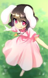 Rule 34 | 1girl, animal ears, barefoot, black hair, carrot, dress, grin, highres, inaba tewi, jewelry, outstretched arms, pendant, pink dress, rabbit ears, red eyes, shiya, short hair, smile, solo, touhou