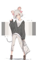 Rule 34 | 1girl, ahoge, animal ears, animal print, bad id, bad pixiv id, bag, blush, brown footwear, buttons, commentary request, full body, grey eyes, grey hair, hair ribbon, head tilt, highres, holding, holding bag, jacket, jerry3912, long sleeves, looking at viewer, motion lines, mouse ears, mouse tail, original, pants, ribbon, shirt, shoelaces, shoes, short hair, simple background, sleeves past wrists, solo, standing, t-shirt, tail, translation request