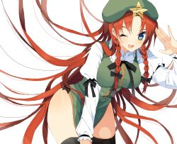 Rule 34 | 1girl, bad id, bad pixiv id, black thighhighs, blue eyes, braid, donacoo, female focus, hat, hong meiling, long hair, one eye closed, open mouth, red hair, smile, solo, star (symbol), thighhighs, touhou, twin braids, wink, yuuhi homare