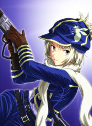 Rule 34 | 1girl, 428, bag, belt, blonde hair, brown eyes, canaan (character), canaan (series), chunsoft, cosplay, diesel-turbo, gloves, gun, hat, lag seeing, lag seeing (cosplay), mouth hold, sawashiro miyuki, scarf, short hair, solo, tegami bachi, voice actor connection, weapon