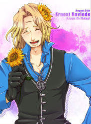 Rule 34 | 1boy, blonde hair, blush, character name, dated, ernest raviede, extra eyes, closed eyes, flower, gloves, hair flower, hair ornament, happy birthday, jewelry, leaf, long hair, male focus, necklace, open mouth, solo, star ocean, star ocean the second story, sunflower, sunflower hair ornament, teeth