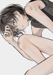 Rule 34 | 1boy, aqua eyes, black hair, black shirt, bruise on leg, bruise on shoulder, dm owr, from side, hairpin, hand to forehead, highres, knees up, looking at viewer, male focus, multiple hairpins, original, parted lips, shirt, short hair, simple background, sleeveless, solo