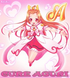 Rule 34 | 1girl, bow, brooch, brown hair, character name, choker, coat, cure ace, dokidoki! precure, hair bow, half updo, heart, heart background, heart brooch, jumping, long hair, madoka aguri, magical girl, outstretched arms, pink background, precure, puffy sleeves, red eyes, shisui, skirt, smile, solo, spread arms, wrist cuffs