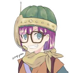 Rule 34 | 1girl, blue eyes, chrono trigger, fancy yasan, glasses, helmet, looking at viewer, lucca ashtear, purple hair, scarf, short hair, simple background, smile, solo, twitter username, white background