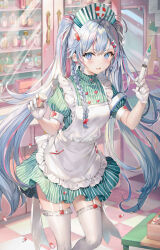 Rule 34 | 1girl, ahoge, apron, blue eyes, blue hair, braid, dress, frilled thighhighs, frills, garter straps, gloves, green dress, hands up, hat, highres, holding, light blue hair, long hair, looking at viewer, momoko (momopoco), multicolored hair, nurse, nurse cap, open mouth, original, parted lips, pink hair, short sleeves, single braid, smile, solo, standing, streaked hair, striped clothes, striped dress, thighhighs, twintails, white apron, white gloves, white thighhighs