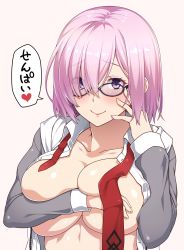 Rule 34 | 1girl, ao banana, black-framed eyewear, blush, breast press, breasts, closed mouth, collarbone, covering privates, covering breasts, eyes visible through hair, fate/grand order, fate (series), glasses, hair over one eye, highres, hood, hoodie, huge breasts, light purple hair, long sleeves, looking at viewer, mash kyrielight, open clothes, open hoodie, open shirt, purple eyes, shirt, short hair, smile, solo, upper body, white shirt