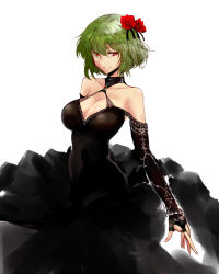 Rule 34 | 1girl, alternate costume, bare shoulders, black dress, breasts, bridal gauntlets, brooch, cleavage, collarbone, dress, elbow gloves, floral print, flower, gloves, green hair, hair between eyes, hair flower, hair ornament, haji (hajiko), halter dress, halterneck, jewelry, kazami yuuka, lace trim, looking at viewer, medium breasts, red eyes, red flower, red rose, rose, shiny skin, short hair, simple background, smile, solo, touhou, upper body, white background
