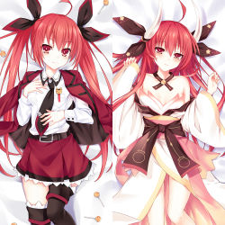 Rule 34 | 1girl, belt, black footwear, black ribbon, boots, breasts, breeze (wcf), candy, cleavage, collarbone, dakimakura (medium), date a live, food, from above, hair between eyes, hair ribbon, horns, itsuka kotori, japanese clothes, kimono, lollipop, long hair, looking at viewer, lying, miniskirt, multiple views, neck ribbon, on back, parted lips, pleated skirt, red eyes, red hair, red skirt, ribbon, shirt, skirt, small breasts, smile, thigh boots, thighhighs, twintails, uniform, very long hair, white shirt