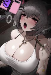 Rule 34 | 1girl, animal ears, arm tattoo, black nails, blush, body writing, breasts, chain, chain necklace, chest tattoo, cigarette, cleavage, crossed bangs, english text, fingernails, flower tattoo, glitch, grey hair, hair between eyes, hair ornament, halterneck, havoc-chan, heart, heart necklace, highres, huge breasts, jewelry, key, key necklace, mole, mole under eye, nail polish, necklace, open mouth, original, phone, red eyes, selfie, short hair, shoulder tattoo, smoking, solo, suou-sensei, tattoo, teeth, upper body, upper teeth only, x hair ornament