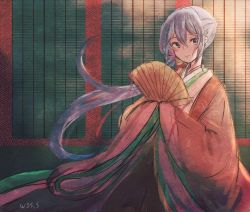 Rule 34 | 1girl, akebono (kancolle), alternate costume, artist name, bell, commentary request, flower, folding fan, hair bell, hair flower, hair ornament, hand fan, japanese clothes, jingle bell, kantai collection, kimono, layered clothes, layered kimono, long hair, looking at viewer, purple eyes, purple hair, side ponytail, solo, very long hair, wss (nicoseiga19993411)