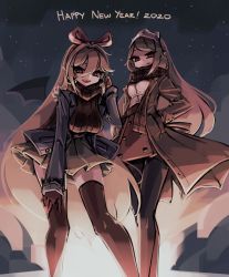 Rule 34 | 2020, 2girls, arm up, bat wings, black legwear, blonde hair, blue jacket, bow hairband, breasts, brown coat, brown gloves, brown hair, brown legwear, brown scarf, brown skirt, brown sweater, buttons, closed mouth, coat, commentary request, crossed ankles, eyebrows hidden by hair, fangs, feet out of frame, fog, from below, gloves, hair between eyes, hair ornament, hair ribbon, hairband, hand on own leg, hands in pockets, hanging breasts, happy new year, jacket, leaning forward, legs apart, long hair, long sleeves, looking at viewer, looking down, lucia (phantom rose), makaroll, medium breasts, miniskirt, multiple girls, new year, night, night sky, open clothes, open coat, open jacket, open mouth, original, outdoors, pantyhose, phantom rose, pink hairband, pink ribbon, plaid, plaid scarf, pleated skirt, red eyes, reina (phantom rose), ribbed sweater, ribbon, scarf, shirt, shirt tucked in, side-by-side, sidelocks, skirt, sky, smile, standing, star (sky), starry sky, sweater, swept bangs, thighhighs, trench coat, very long hair, white shirt, wings, yellow skirt