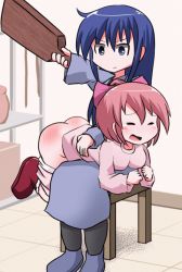 Rule 34 | 2girls, animated, animated gif, ass, blush, bow, breasts, butt crack, chair, clothes pull, hair bow, holding, keyneq, long hair, long sleeves, multiple girls, open mouth, original, pants, pants pull, punishment, shoes, spanked, spanking