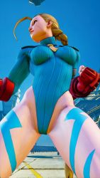 Rule 34 | 1girl, 3d, antenna hair, bare shoulders, blonde hair, blue eyes, blue hat, blue leotard, braid, breasts, cammy white, clenched hand, covered navel, curvy, fighting stance, gloves, groin, hat, highleg, highleg leotard, highres, large breasts, leotard, lips, long hair, red gloves, ryona, screencap, shiny clothes, solo, street fighter, street fighter v, thighs, third-party edit, thong leotard, twin braids, very long hair, wide hips