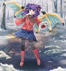 Rule 34 | 1girl, alternate costume, blue skirt, boots, brown scarf, coat, commission, dragon wings, fire emblem, fire emblem: the sacred stones, full body, fur trim, gloves, highres, long hair, long sleeves, multi-tied hair, myrrh (fire emblem), nintendo, open mouth, pantyhose, purple hair, red eyes, scarf, skirt, snowing, solo, tree, twintails, user zjjd3573, white gloves, wings
