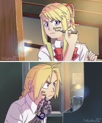 Rule 34 | &gt;:(, 1boy, 1girl, 2017, ahoge, artist name, blonde hair, commentary, drawing on another&#039;s face, drawing on own face, edward elric, frown, fullmetal alchemist, hair ribbon, highres, kimi no na wa., light switch, marker, multicolored ribbon, orange ribbon, parody, prosthesis, prosthetic arm, purple eyes, red ribbon, ribbon, scene reference, school uniform, sofiakkuma, v-shaped eyebrows, winry rockbell, yellow eyes