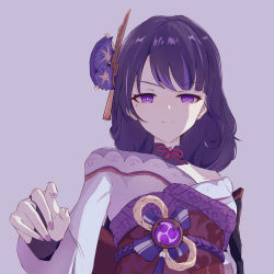 Rule 34 | 1girl, armor, breasts, bridal gauntlets, closed mouth, commentary request, flower, genshin impact, grey background, hair flower, hair ornament, highres, japanese clothes, kimono, long hair, looking at viewer, mole, mole under eye, nail polish, purple eyes, purple flower, purple hair, purple nails, raiden shogun, ribbon, rio (user kzxp8757), sash, shoulder armor, simple background, solo, tassel