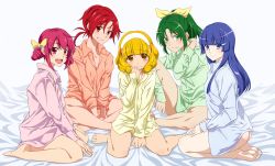 Rule 34 | 10s, 5girls, aoki reika, ass, barefoot, bed sheet, blonde hair, blue eyes, blue hair, blush, bottomless, eyelashes, feet, green eyes, green hair, green shirt, hairband, highres, hino akane (smile precure!), hoshizora miyuki, kise yayoi, kneeling, long hair, looking at viewer, midorikawa nao, multiple girls, naked shirt, open mouth, ponytail, precure, rainbow order, red eyes, red hair, shirt, short hair, sitting, sleeves rolled up, smile, smile precure!, touryou, wariza, white background, white hairband, yellow eyes