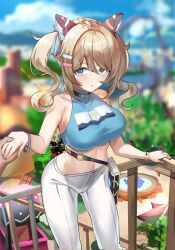 Rule 34 | 1girl, against fence, alternate breast size, amusement park, animal ears, bangle, barbara (genshin impact), bare arms, bare shoulders, blonde hair, blue eyes, blush, book, bracelet, breasts, casual, cat ears, crop top, day, drill hair, fence, genshin impact, hair ornament, hair ribbon, hairclip, half-closed eyes, holding hands, jewelry, large breasts, maanu, midriff, navel, open mouth, outdoors, pants, ribbon, sleeveless, solo, solo focus, stomach, twin drills, twintails, white legwear, white pants, wristband