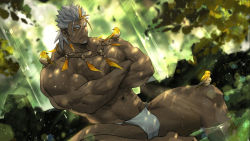 Rule 34 | 1boy, abs, animal, animal on shoulder, bara, bidziil (gyee), bird, bird on shoulder, blonde hair, chest tattoo, crossed arms, dark-skinned male, dark skin, facial hair, feather necklace, fundoshi, goatee, gyee, highres, japanese clothes, large pectorals, male focus, male underwear, multicolored hair, muscular, muscular male, navel, nikism, nipples, official art, official wallpaper, one eye closed, partially submerged, pectorals, short hair, sideburns, sitting, solo, spiked hair, stomach, streaked hair, tattoo, thick thighs, thighs, underwear, underwear only, very dark skin, wet, white hair, white male underwear