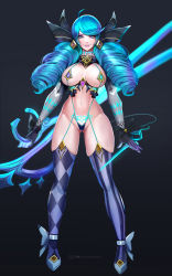 Rule 34 | badcompzero, bikini, breasts, curvy, gradient background, gwen (league of legends), heart, heart tattoo, highres, large breasts, league of legends, looking at viewer, needle, pubic tattoo, revealing clothes, skindentation, slingshot swimsuit, solo, striped clothes, striped thighhighs, swept bangs, swimsuit, tattoo, thighhighs, weapon