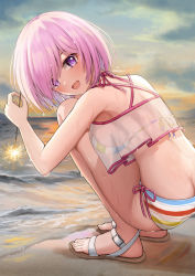 Rule 34 | 1girl, :d, absurdres, ass, bare arms, bare shoulders, bikini, blush, breasts, butt crack, cloud, cloudy sky, colored stripes, commentary request, day, fate/grand order, fate (series), fireworks, from side, hair over one eye, halterneck, highres, holding, iro (boo iro), knees to chest, looking at viewer, looking to the side, mash kyrielight, mash kyrielight (swimsuit of perpetual summer ver.02), medium breasts, multicolored bikini, multicolored clothes, ocean, official alternate costume, open mouth, pink hair, pink ribbon, purple eyes, ribbon, sandals, see-through, short hair, side-tie bikini bottom, sideboob, sky, smile, solo, sparkler, squatting, striped bikini, striped clothes, swimsuit, white footwear