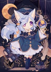 Rule 34 | animal ears, animallain, bad id, bad twitter id, blue fur, blue hair, blush, boots, cat, cat girl, cat tail, furry, furry female, highres, key, moon, original, ribbon, star (symbol), tail, theater, white fur, witch