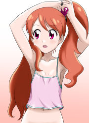 Rule 34 | 1girl, armpits, arms up, breasts, camisole, cleavage, collarbone, crop top, gradient background, hair between eyes, hair ornament, hair over shoulder, heart, heart hair ornament, highres, kirakira precure a la mode, looking to the side, midriff, navel, open mouth, pink background, precure, red eyes, side ponytail, small breasts, solo, spaghetti strap, stomach, takaya n, tying hair, upper body, usami ichika, white background