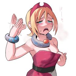 Rule 34 | 1girl, bare shoulders, blonde hair, blouse, blue eyes, blush, bracelet, breasts, cleavage, clothes pull, collar, creatures (company), eyelashes, fanning self, frown, furrowed brow, game freak, hair ornament, hand up, highres, hot, irida (pokemon), jewelry, jitome, large breasts, motion lines, nintendo, open mouth, pokemon, pokemon legends: arceus, red headwear, red shirt, sash, shirt, shirt pull, short hair, simple background, solo, strapless, strapless shirt, sweat, teeth, translation request, upper teeth only, white background, ytrall