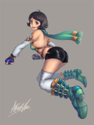 Rule 34 | 1girl, ass, bad id, bad pixiv id, black hair, blue eyes, boots, buttercup (ppg), detached sleeves, full body, green eyes, lapucelle (arasoo1210), original, parody, powerpuff girls, short hair, shorts, simple background, solo, thighhighs