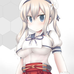 Rule 34 | 1girl, blonde hair, blue sailor collar, breasts, bursting breasts, commentary request, cosplay, flower, gloves, graf zeppelin (kancolle), grey eyes, hair between eyes, hair flower, hair ornament, honeycomb (pattern), honeycomb background, kantai collection, large breasts, long hair, looking at viewer, ouno (nounai disintegration), puffy short sleeves, puffy sleeves, red skirt, sailor collar, sailor shirt, shirt, short sleeves, sidelocks, skirt, solo, twintails, undersized clothes, upper body, white gloves, yashiro (kancolle) (cosplay), yashiro (kancolle)