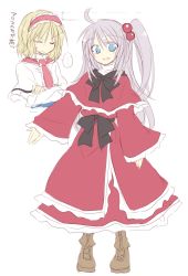 Rule 34 | 2girls, ahoge, alice margatroid, blonde hair, blue eyes, boots, bow, capelet, closed eyes, colorized, crossed arms, dress, full body, hair bobbles, hair ornament, hairband, long hair, long sleeves, looking at viewer, multiple girls, open mouth, ribbon, sash, satou kibi, shinki (touhou), short hair, side ponytail, silver hair, simple background, sketch, smile, speech bubble, sweatdrop, text focus, touhou, touhou (pc-98), translation request, turtleneck, vest, white background, wide sleeves