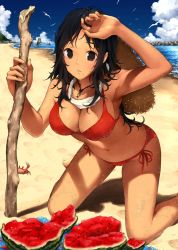 Rule 34 | 1girl, arm up, armpits, bare arms, bare shoulders, beach, bikini, bird, black eyes, black hair, blindfold, blush, breasts, brown hat, cleavage, commentary request, crab, day, food, fruit, hat, hat on back, highres, holding, holding stick, kneeling, large breasts, leaning forward, long hair, maruhana, mole, mole under mouth, navel, ocean, original, outdoors, parted lips, red bikini, red ribbon, ribbon, sand, side-tie bikini bottom, solo, stick, straw hat, suikawari, sweat, swimsuit, water, watermelon