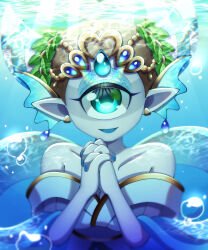 Rule 34 | 1girl, air bubble, aqua eyes, bare shoulders, blue skin, bubble, colored skin, cyclops, fuumiian, highres, looking at viewer, mermaid, monster girl, off shoulder, one-eyed, own hands clasped, own hands together, pipiko., pointy ears, solo, underwater, youkai (youkai watch), youkai watch