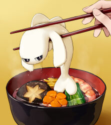 Rule 34 | 1other, black eyes, bowl, bright pupils, carrot, carrot slice, chopsticks, commentary request, creature as food, creatures (company), dripping, fish, food, food request, full body, game freak, highres, holding, holding chopsticks, jitome, kaminokefusa, looking at viewer, mushroom, nintendo, pokemon, pokemon (creature), pov, shiitake, shrimp, simple background, steam, tatsugiri, vegetable, wet, white pupils, yellow background, zouni soup