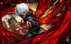 1boy 300_heroes black_nails blood building chain dawn dutch_angle hair_over_one_eye jacket kagune_(tokyo_ghoul) kaneki_ken light long_sleeves male_focus mask official_art outdoors outstretched_arm pants red_eyes short_hair solo teeth third-party_source tokyo_ghoul white_hair