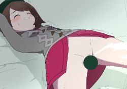 Rule 34 | 1girl, arched back, bed sheet, blush, bob cut, brown hair, buttons, cable knit, cardigan, censored, clenched teeth, closed eyes, commentary, creatures (company), dress, eyelashes, female ejaculation, female pubic hair, game freak, gloria (pokemon), green hat, grey cardigan, hat, meronshiroppu, nintendo, no panties, partially unbuttoned, pokemon, pokemon swsh, pubic hair, purple dress, short hair, solo, spread legs, sweat, symbol-only commentary, tam o&#039; shanter, tearing up, teeth, trembling
