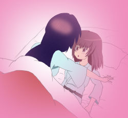 Rule 34 | 2girls, blush, imminent penetration, komiya nonoka, multiple girls, on bed, pajamas, sora no method, togawa shione, yuri
