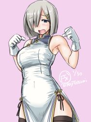 Rule 34 | 1girl, alternate costume, black thighhighs, blue eyes, blush, china dress, chinese clothes, commentary request, cowboy shot, dated, dress, embarrassed, gloves, hair ornament, hair over one eye, hairclip, hamakaze (kancolle), kantai collection, pink background, short hair, silver hair, solo, tatsumi ray, thighhighs, twitter username, white dress, white gloves