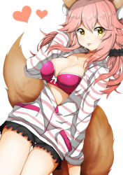 Rule 34 | 1girl, :3, animal ears, blush, bra, breasts, cleavage, collarbone, fate/grand order, fate (series), fox ears, fox tail, hand in own hair, heart, heart-shaped pupils, highres, large breasts, long hair, looking at viewer, luluhavinera, official alternate costume, open clothes, open shirt, pink bra, pink hair, shirt, simple background, solo, striped clothes, striped shirt, symbol-shaped pupils, tail, tamamo (fate), tamamo no mae (fate/extra), tamamo no mae (spring casual) (fate), tongue, tongue out, underwear, white background, yellow eyes